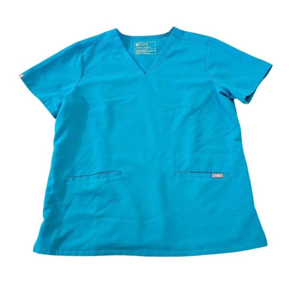 FIGS Casma Three Pocket Scrub Top Teal Blue V-Neck Large Womens Medical